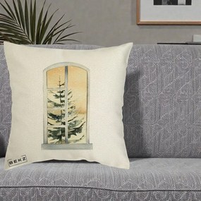 Perna Decorativa Fereastra cu Brad de Iarna, 40x40 cm, Ecru, Husa Detasabila, Perna Inclusa, BEKZ®