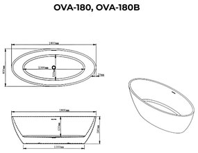OVAL Cadă de baie freestanding, alb-negru, 180x80x58 cm