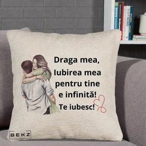 Cadou pentru Iubita - Perna Personalizata Draga Mea Iubirea Mea Infinita Te Iubesc cu Cuplu Acuarela, 40x40 cm, Bej Canapea, Husa Detasabila, Perna Inclusa, BEKZ®