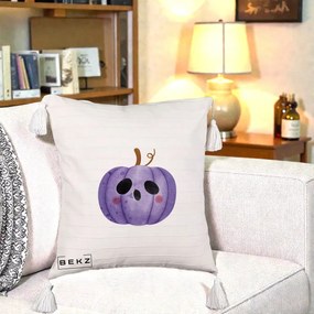 Perna Decorativa Dovleac Halloween Mov Kawaii, 40x40 cm, Bej cu Franjuri, Husa Detasabila, Perna Inclusa, BEKZ®