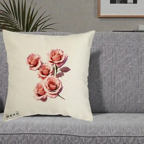 Perna Decorativa Trandafiri Roz Pastel Acuarela, 40x40 cm, Ecru, Husa Detasabila, Perna Inclusa, BEKZ®