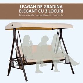 Outsunny Leagăn de Grădină cu 3 Locuri, Acoperiș Reglabil, Suport pentru Pahare și Perne, 207x120,5x174 cm, Bej | Aosom Romania