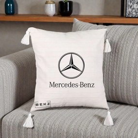 Perna Personalizata cu emblema Mercedes-Benz, 40x40 cm, Bej cu Franjuri, Husa Detasabila, Perna Inclusa, BEKZ®