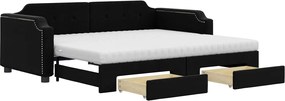 vidaXL Pat de zi cu extensie și sertare, negru, 90x200 cm, textil