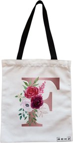 Sacosa de Panza pentru Cumparaturi, Geanta Tote, Cu litera F Rose Gold si Trandafiri, Cu fermoar, 38x34.5 cm, Alba, BEKZ®