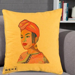 Perna Decorativa Portret Femeie Africana, 40x40 cm, Galben, Husa Detasabila, Perna Inclusa, BEKZ®