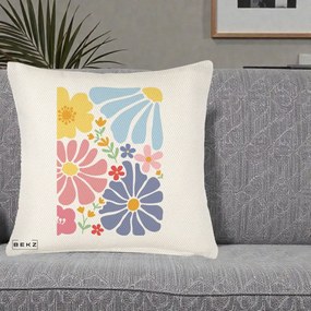 Perna Decorativa Flori Grafice Pastel Multicolor, 40x40 cm, Crem Reliefat, Husa Detasabila, Perna Inclusa, BEKZ®