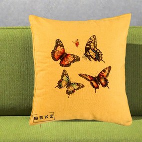 Perna Decorativa Colectie Fluturi Multicolori, 40x40 cm, Galben, Husa Detasabila, Perna Inclusa, BEKZ®