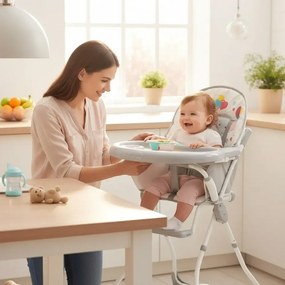 Scaun de masa pentru copii si bebe Baby Care™ CH ,Pliabil, Centura de siguranta, Sezut comfortabil, Masuta detasabila, Model Elefanti , Gri