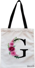 Sacosa de Panza pentru Cumparaturi, Geanta Tote, Cu litera G si Trandafiri, Cu fermoar, 38x34.5 cm, Alba, BEKZ®
