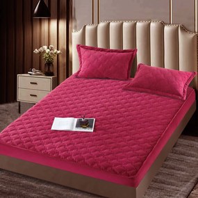 Husa de pat matlasata si 2 fete de perne din catifea, cu elastic, model tip topper, pentru saltea 140x200 cm, magenta, HTC-27