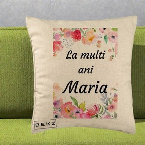 Cadou de Onomastica - Perna Personalizata La Multi Ani Maria Flori Acuarela, 40x40 cm, Bej, Husa Detasabila, Perna Inclusa, BEKZ®