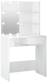 Masă de toaletă cu led, alb extralucios, 74,5x40x141 cm
