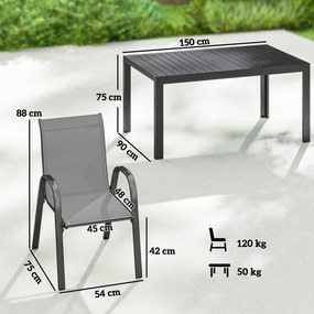 Outsunny Set Masă și Scaune de Grădină 7 Piese, Set Prânz Exterior cu Masă Dreptunghiulară, 6 Scaune Stivuibile din Textilenă, Set Mobilier de Grădină pentru Terasă, Balcon, Patio, Gri Deschis | Aosom Romania