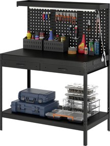 HOMCOM Banc de lucru 110 cm cu panou perforat, banc robust cu șină de prize și iluminare LED, Negru | Aosom Romania