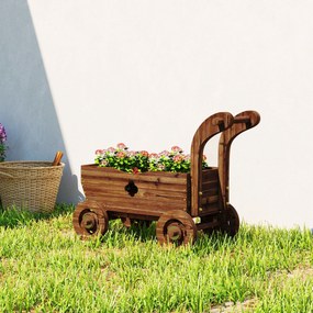 Outsunny Strat Înălțat pentru Grădină în Formă de Cărucior cu 4 Roți și Mâner, Ghiveci din Lemn de Molid cu Găuri de Drenaj, pentru Balcon, Terasă, 68x38x52 cm, Finisaj Carbonizat | Aosom Romania