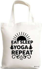 Sacosa de Panza pentru Cumparaturi, Geanta Tote Yoga Eat Sleap Yoga Repeat, 38x34.5 cm, Alba, BEKZ®