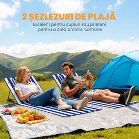 Outsunny Set 2 Saltele de Plajă cu Spătar Reglabil pe 4 Nivele, din Oțel și Poliester, 154x57x52 cm, Albastru și Alb | Aosom Romania