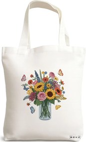 Sacosa de Panza pentru Cumparaturi, Geanta Tote, model Flowers 21 38 x 34.5 cm, Alba, BEKZ®