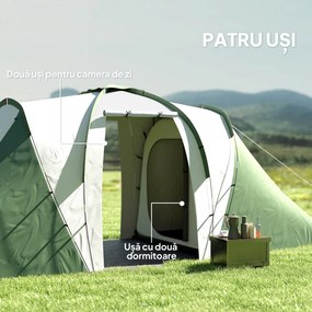 Outsunny Cort de Camping pentru 4-6 Persoane cu 2 Camere, 2 Uși și Geantă de Transport, 555x225x190 cm, Verde | Aosom Romania