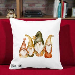Perna Decorativa Gnomi de Craciun Patru, 40x40 cm, Alba Mata, Husa Detasabila, Perna Inclusa, BEKZ®