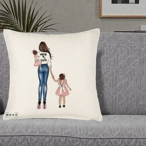 Cadou pentru Mama - Perna Personalizata Mom of Girls Mama cu Fetele, 40x40 cm, Crem Reliefat, Husa Detasabila, Perna Inclusa, BEKZ®