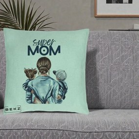 Cadou pentru Mama - Perna Personalizata Super Mom, 40x40 cm, Verde Menta, Husa Detasabila, Perna Inclusa, BEKZ®