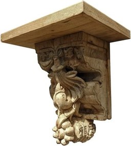 Raft de perete din lemn de tec, natur, cu decor sculptat manual, aspect vintage, 30 x 32,5 x 21 cm, „Orgon”