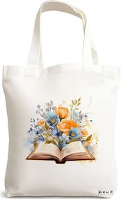 Sacosa de Panza pentru Cumparaturi, Geanta Tote, model Books and flowers 14 38 x 34.5 cm, Alba, BEKZ®