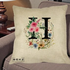 Cadou Personalizat - Perna Personalizata Monogram Litera H cu Flori Acuarela, 40x40 cm, Crem, Husa Detasabila, Perna Inclusa, BEKZ®