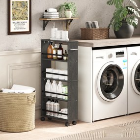 HOMCOM Raft multifuncțional cu roți, design îngust, 4 compartimente, 45x15x91 cm, Negru | Aosom Romania