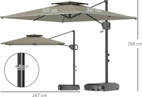 Outsunny Umbrelă cu braț pătrată 2,5 x 2,5 m, umbrelă de grădină exterioară cu manivelă, 2 baze incluse, 8 spițe, gri deschis | Aosom Romania