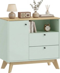 HOMCOM Bufet pentru living, mobilier de depozitare cu ușă, 2 sertare, compartiment deschis și raft reglabil, verde deschis și stejar | Aosom Romania