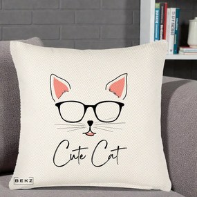 Perna Personalizata Cute Cat cu Ochelari, 40x40 cm, Crem Reliefat, Husa Detasabila, Perna Inclusa, BEKZ®
