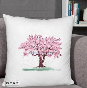 Perna Decorativa Cires Inflorit Acuarela, 40x40 cm, Alb Pufos, Husa Detasabila, Perna Inclusa, BEKZ®