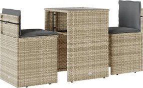vidaXL Set bistro cu perne, 3 piese, gri deschis, poliratan