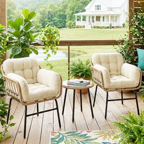 Outsunny Set mobilier exterior 3 piese din rășină împletită, masă din sticlă securizată, 2 fotolii cu perne, 62x73x79cm, Kaki | Aosom Romania