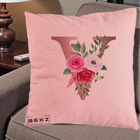 Cadou Personalizat - Perna Personalizata Monograma Rose Gold Litera V, 40x40 cm, Roz, Husa Detasabila, Perna Inclusa, BEKZ®