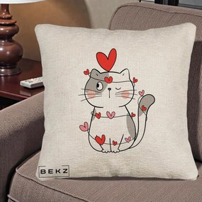Perna Decorativa Pisica Kawaii cu Inimi, 40x40 cm, Bej Canapea, Husa Detasabila, Perna Inclusa, BEKZ®
