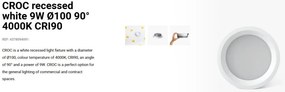 Spot LED incastrabil CROC IP44 recessed white 9W 10cm 90 grade 4000K CRI90