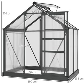 Outsunny Seră de grădină din policarbonat 190 x 132 x 201 cm rezistentă la UV 30+ fundație întărită jgheab gri | Aosom Romania