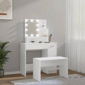 Set de masuta de toaleta cu LED, alb, lemn prelucrat Alb, 86.5 x 35 x 136 cm