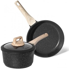 Set tigaie si cratita Just Perfecto JL-43, 2 piese, Finisaj marmura, Fara PFOA si PFAS, Capac din sticla, Inductie, Negru