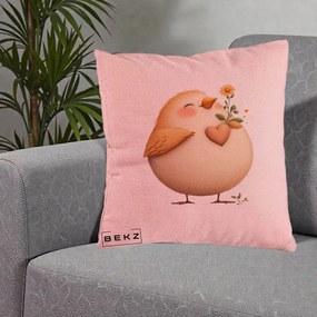 Perna Decorativa Pui cu Inima si Floarea-Soarelui, 40x40 cm, Roz, Husa Detasabila, Perna Inclusa, BEKZ®