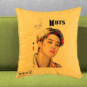 Perna Personalizata K-pop BTS Jimin Portret Artistic Multicolor cu Autograf, 40x40 cm, Galben, Husa Detasabila, Perna Inclusa, BEKZ®