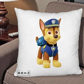 Perna Personalizata Chase PAW Patrol Albastru, 40x40 cm, Alb Pufos, Husa Detasabila, Perna Inclusa, BEKZ®