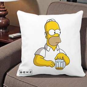 Perna Personalizata Homer Simpson cu Bere, 40x40 cm, Alba Mata, Husa Detasabila, Perna Inclusa, BEKZ®