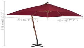 Umbrela suspendata cu stalp din lemn, rosu bordo, 400x300 cm Rosu