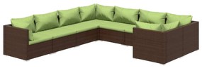 Set mobilier de gradina cu perne, 8 piese, maro, poliratan maro si verde, 4x colt + 4x mijloc, 1