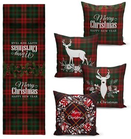 Set 4 fețe de pernă și un napron de masă cu model de Crăciun Minimalist Cushion Covers Tartan Christmas